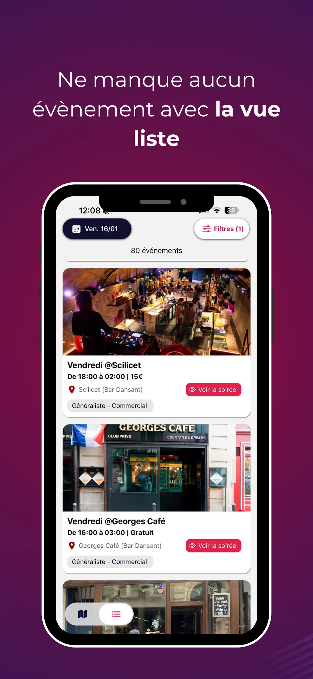 Vue liste des événements de la nuit