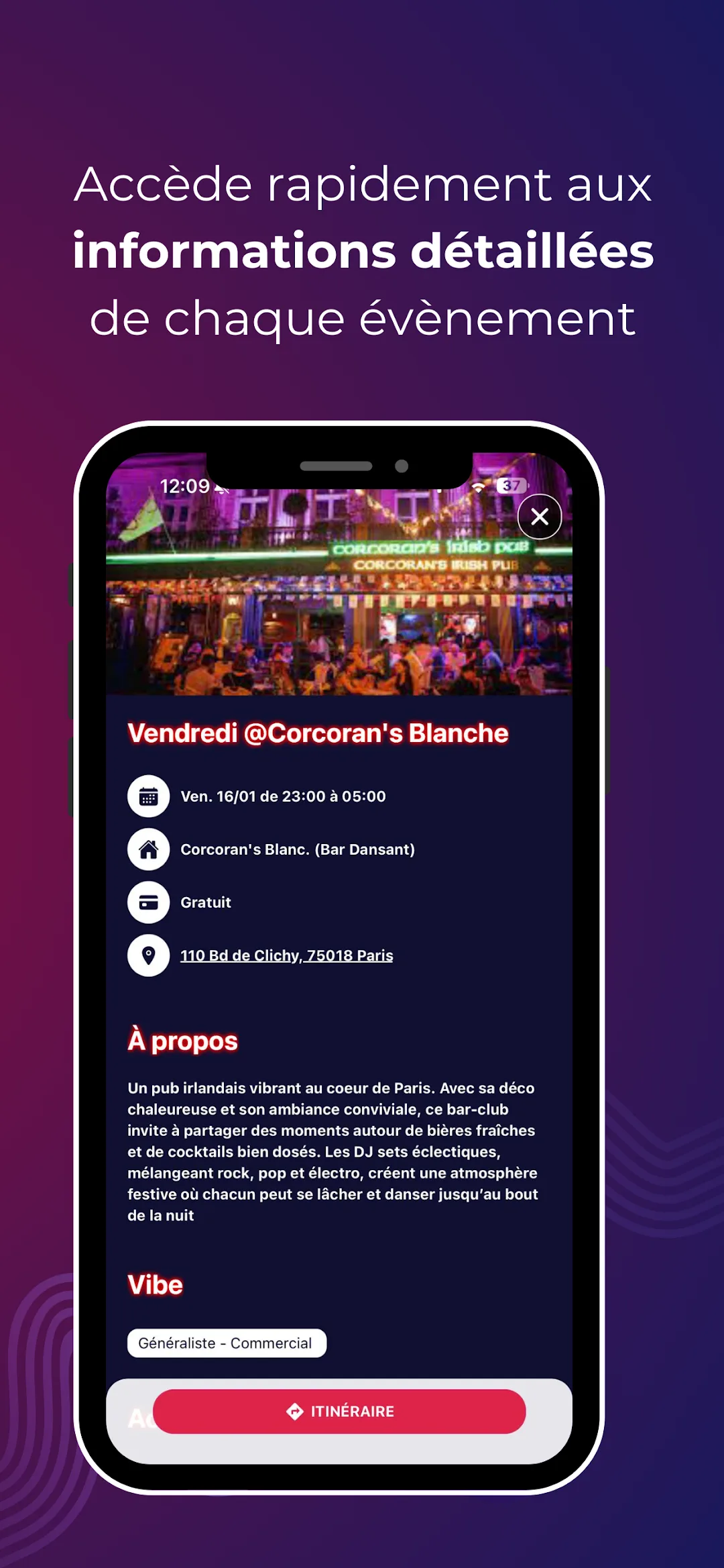 Détail d'un événement avec infos et itinéraire